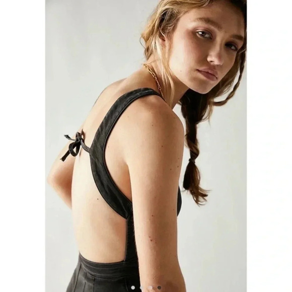 NWT Free People CRVY 2nd Ave One Piece Denim Jumpsuit in Black Vegan Leather - Picture 5 of 17
